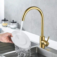 Brushed Gold Kitchen Faucet,SUS304 Stainless Steel Single Hole Top Quality cold hot water kitchen faucet,Rotatable Kitchen mixer