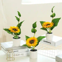 1 Pc Beautiful Mini Artificial Sunflower with Pot Wedding Bouquet Bonsai Desktop Small Potted Artificial Plant Creative Decor