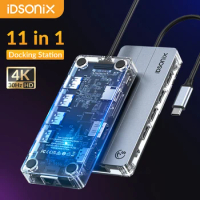 iDsonix USB C Docking Station Dual Monitor 11 in 1 Type C Transparent 3 0 USB C Hub with HDMI 4K VGA(1080@60Hz) for Laptop