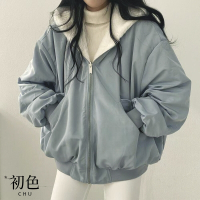 初色 韓系寬鬆保暖加厚刷毛長袖口袋連帽外套兩面穿棒球外套女外套-共3色-32167(M-2XL可選)