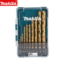 Makita D-72849 Drill Bit Set 10Pcs Straight Shank Wood Metal Titanium Plated HSS-TiN Twist Drill Bits Power Tools Accessories