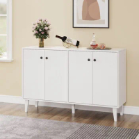 Kitchen Storage Buffet Cabinet Sideboard Console Table 4 Doors Wood Modern White Cabinet 6.3" Legs Home Decor Dining Room TV