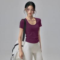 速干跑步短袖女夏季薄款訓練健身瑜伽服上衣修身彈力專業運動T恤-深紫色 A款【固定杯】 L-款式7