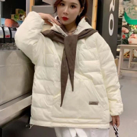 2022 New White Duck Down Winter Down Jacket Women Coat Loose Hooded Navy Shawl Collar Luxury Warm Outerwear Streetwear Fashion