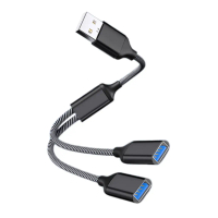 Kabel Pemisah USB, USB2.0 A Lelaki ke 2 USB Perempuan, Kord Kuasa, 28cm / 11.02in, untuk Pengecasan 