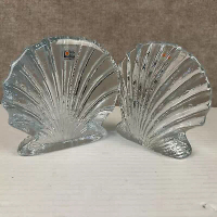 Blenko Glass Bookends Seashells Heavy Clear Ocean Nautical 7 in Vintage