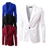 Trendy Suit Coat Solid Color Slim British Men Blazer Long Sleeve Men Blazer for Work