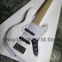White electric bass 5-string Jaz body Maple fingerboard 21 Frets White Pearl pickup board Maple Neck Chrome hardware factory cus