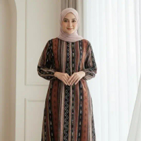 Gamis Dress Rayon Tebal LD 110 Busui Resleting Lengan Kerut Motif Terbaru