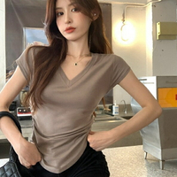 FUXI 純欲V領短袖t恤女 短袖上衣 短版上衣 韓版修身顯瘦收腰上衣 素色上衣 女生上衣 女裝 衣服【A330】