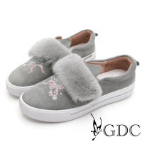 GDC-貴婦絨毛水鑽真皮小貓厚底休閒鞋-灰色