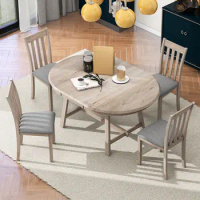 5-Piece Wood Dining Table Set Round Extendable Dining Table with 4 Chairs, Dining Table Set for 4 person