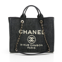 CHANEL 香奈兒 經典雙C LOGO Deauville藤織帆布金鍊手提肩背沙灘包(深牛仔灰)