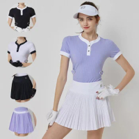Blktee Ladies Patchwork Short Sleeve Shirt Slim Fast Dry Golf T-shirt Women Anti-light Pleated Skirt High Waist Elegant Skort