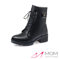 【MOM】真皮短靴 粗跟短靴/真皮保暖機能皮帶釦飾綁帶造型粗跟短靴(黑)
