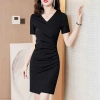 Fancystyle Vonda-ชุดเดรส Midi จีบแขนสั้นคอวีลำลองหรูหราธุรกิจจัดส่งฟรี