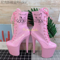 Martin's boots, cat and cat pattern, high heels, pole dancing, long boots, stage performance, tall women's bright leather boots
