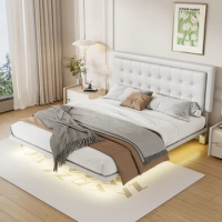 Queen Size Floating Bed Frame with Motion Activated Night Lights,Modern PU Upholstered Button Tufted Platform Bed Frame,White