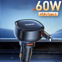 Baseus Car Charger 2 in 1 30W 25W For MacBook Samsung Xiaomi Cable for iPhone USB C Cable for IP/Type-C Charging Retractable