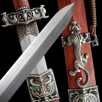 Forged Chinese Collectible Real Sword Han Dynasty TaiChi Double Edge Jian Damascus Steel Blade/White Copper Fittings/Rose Wood