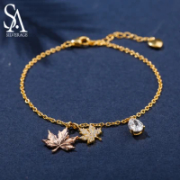 SA SILVERAGE 925 Sterling Silver Bracelet Bangles for Women Yellow Gold Color Maple Leaf Silver 925 Jewelry Gold Bracelets