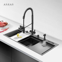 Asras SUS304 black nano handmade sink with cup washer with drain and kitchen faucet-12050NX-1