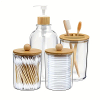 4 pcs bamboo bathroom accessories set include soap jar, cotton filter tank, tooth color holder, boho