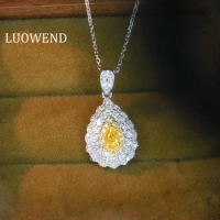 LUOWEND 18K White Gold Necklace Real Yellow Natural Diamond Vintage Droplet Pendant Necklace for Women Wedding