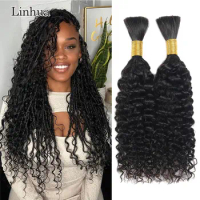 Linhua Curly Human Braiding Hair For Boho Knotless Braids Crochet Micro Bohemian Braids 1B Natural Color Double Drawn Bulk Hair