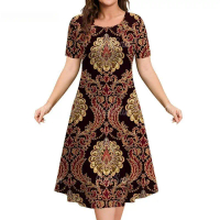 Printed Pattern Short Sleeved Dress, Women's, Casual Style, Loose, Floral Design, 6XL Size