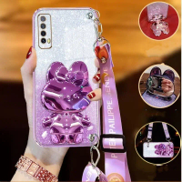 เคสโทรศัพท์, สไตล์สายรัดข้อมือยาว, พร้อมที่ยึดกระจกเครื่องสำอางกระต่าย, ที่ใส่เชือกเส้นเล็กนุ่มหรูหร