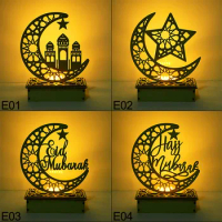 EID Mubarak Wooden Decorations with LED Candles Light Ramadan Decorations For Home Islamic Muslim Kareem Ramadan Party Eid Decor