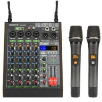 LOMEHO 4 Channel Mixing Console 16 Effect Professional Sound Audio Mixer with 2 Adjustable Frequency Wireless Microphone AM-AKS2
