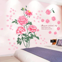 Customized pink rose flower bedroom wall decoration stickers, personalized romantic flower wallpaper