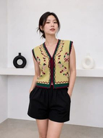 Rompi Rajut Motif Bunga Korean Style / Outer Vest Wanita Rajut Premium Tali Satu Cream - Emerald