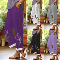 Women's Non Drawstring Pocket Floral Cotton Linen Casual Pants Women Casual Pants Long