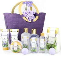Luxury Lavender Scent Spa Gift Basket in Weaved Bag, Women Body and Bath Set with Bubble Bath, Bath Salts, Body Butter