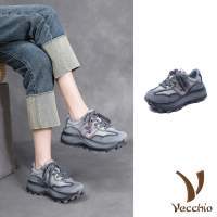【Vecchio】真皮運動鞋 牛皮運動鞋/真皮頭層牛皮繽紛彩色拼接個性復古老爹鞋 運動鞋(灰)