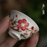 木魚 潮州老瓷器 浮雕手繪粉彩功夫茶杯 鳳凰單叢小品茗杯反口杯