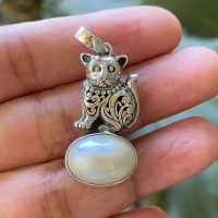 Liontin Kalung Pendant Perak Silver Bali Asli 925 Ukir Kucing Cat Mix Mutiara Pearl Wanita Pria Cust