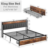 King size bed frame,storage headboard with charging station,platform bed with drawers,no need for a box spring, easy to assemble