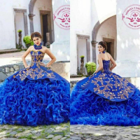 Royal Blue Mexican Quinceanera Dresses Gold Appliques Prom Gowns Beads Organza Ruffles Skirt Corset Back Pageant Dress