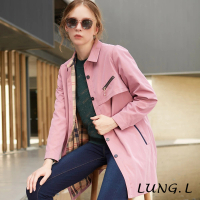 【LUNG.L 林佳樺】LN80C 粉紫色單排扣長版風衣外套(女裝 舒適 防風 秋冬款)