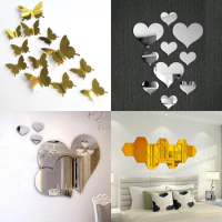 1 Set Gold Silver 3d Butterfly Mirror Wall Sticker Heart Round Wall Decal for DIY Kids Room Home Decoration Party Wedding Decor