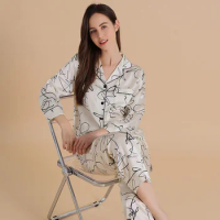 Big Designer Luxury Satin Silk Pajama Set Long Sleeve Pants 2 Pieces Set Loungwear For Women Print Pure Silk Lady Sleepwear