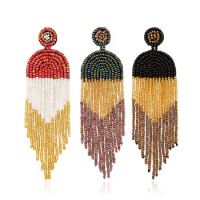 Ethnic Style Rainbow Handmade Rainbow Seed Beads Fringe Earrings Beho Handmade Seed Beads Tassel Drop Earrings for Woman Jewelry