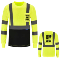AYKRM Fluorescent Safety T Shirt Hi Vis Workwear Long Sleeve Yellow Work Tops Construction Engineer Reflective Quick Dry