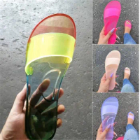 2022 Summer Women Candy Color Transparent Slides Flat Bottom Plus Size Beach Sandals Shoes Ladies Casual One-word Jelly Slippers