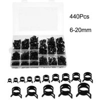 440Pcs Spring Hose Clamp ID 6-20mm Action Fuel/Silicone Vacuum Hose Pipe Clamp Low Pressure Air Clip Clamp Assortment Kits