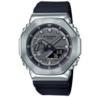 【CASIO 卡西歐】G-SHOCK 極致時尚八角錶殼耐衝擊運動雙顯腕錶/黑x銀框(GM-2100-1A)